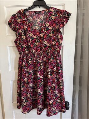 BloomChic Black & Pink Floral Smocked Waist Dress 14/16